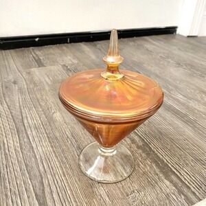 Lancaster Aztec Art Deco Glass Iridescent Orange Footed covered dish Marigold